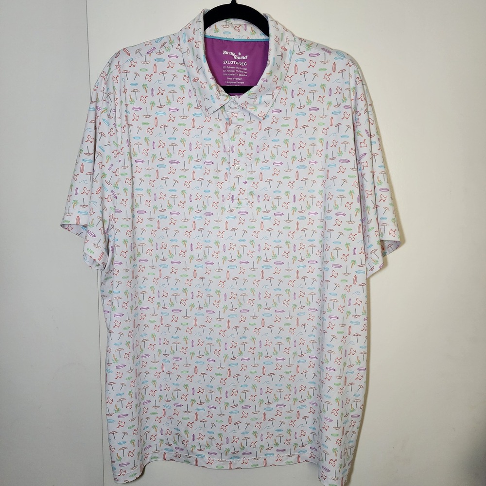 Birdie Bound Polo Shirt Mens 2XL White Beach Surf Print Excellent Stretch Golf